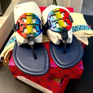 NIB: Tory Burch Miller Sandals, Patent Leather, Bright Rainbow & Royal Navy,5.5